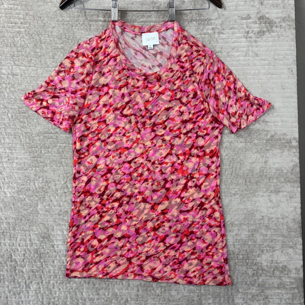 Johnny Was Jade Mesh Short Sleeve Top Pink Red Abstract Animal Print R13024-5 S‎